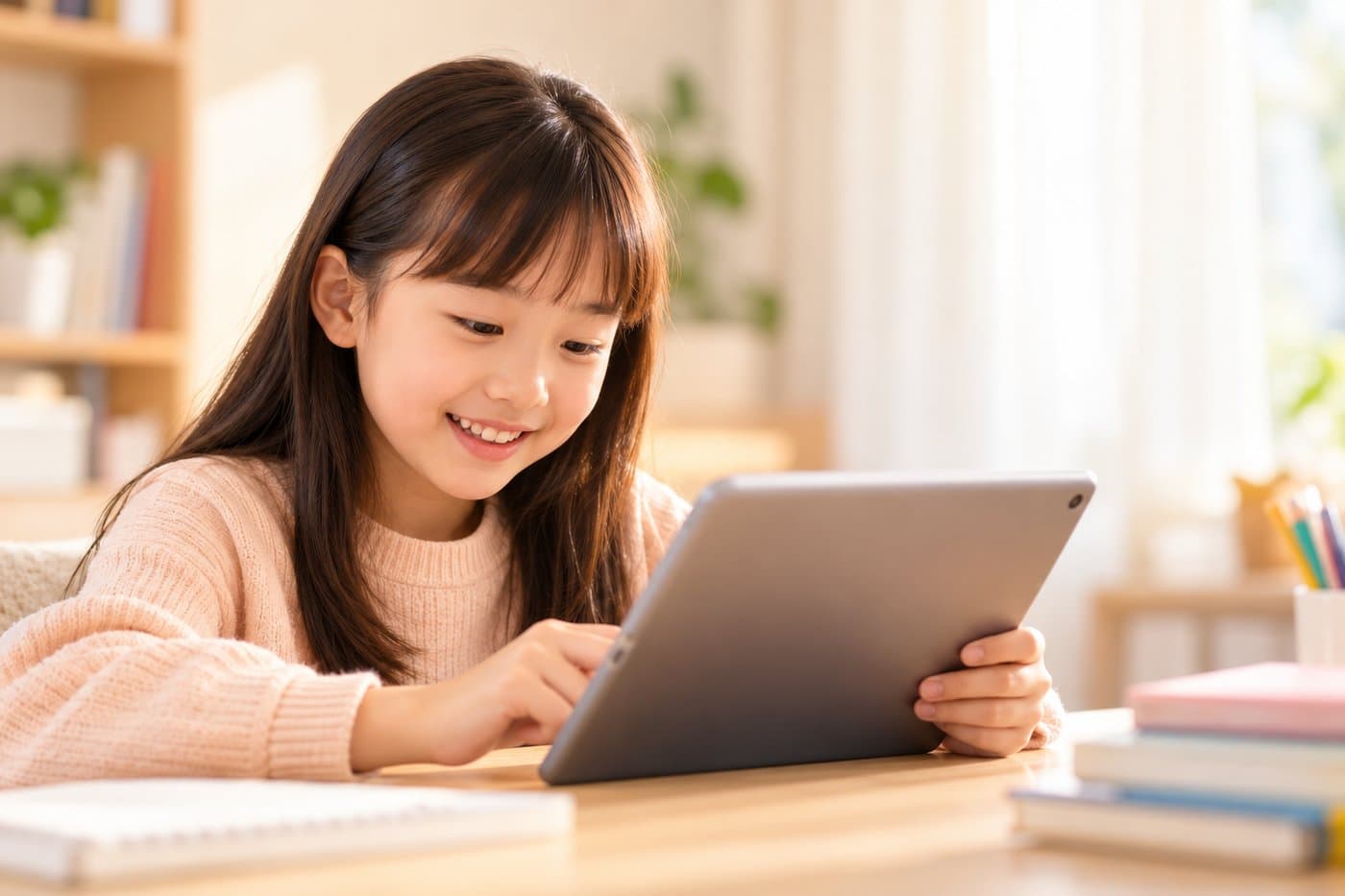 A young student smiling while learning on a tablet at home